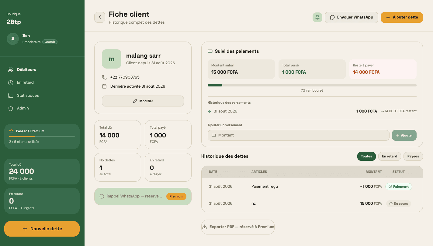 Fiche client Jurali — suivi des paiements et historique des dettes